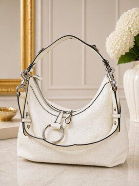 Authentic Gucci Guccissima White Leather Horsebit Hobo Shoulder Bag